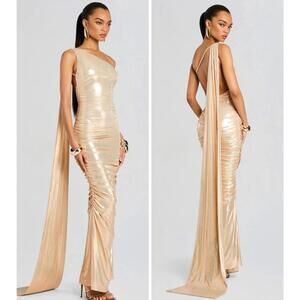Stunning $798 Retrofete Shannon Dress Latte Gold Lame Cape Designer Dress XS/2